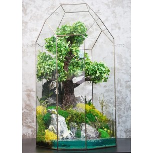 Дуб с водопадами в стекле. Моссариум 55см